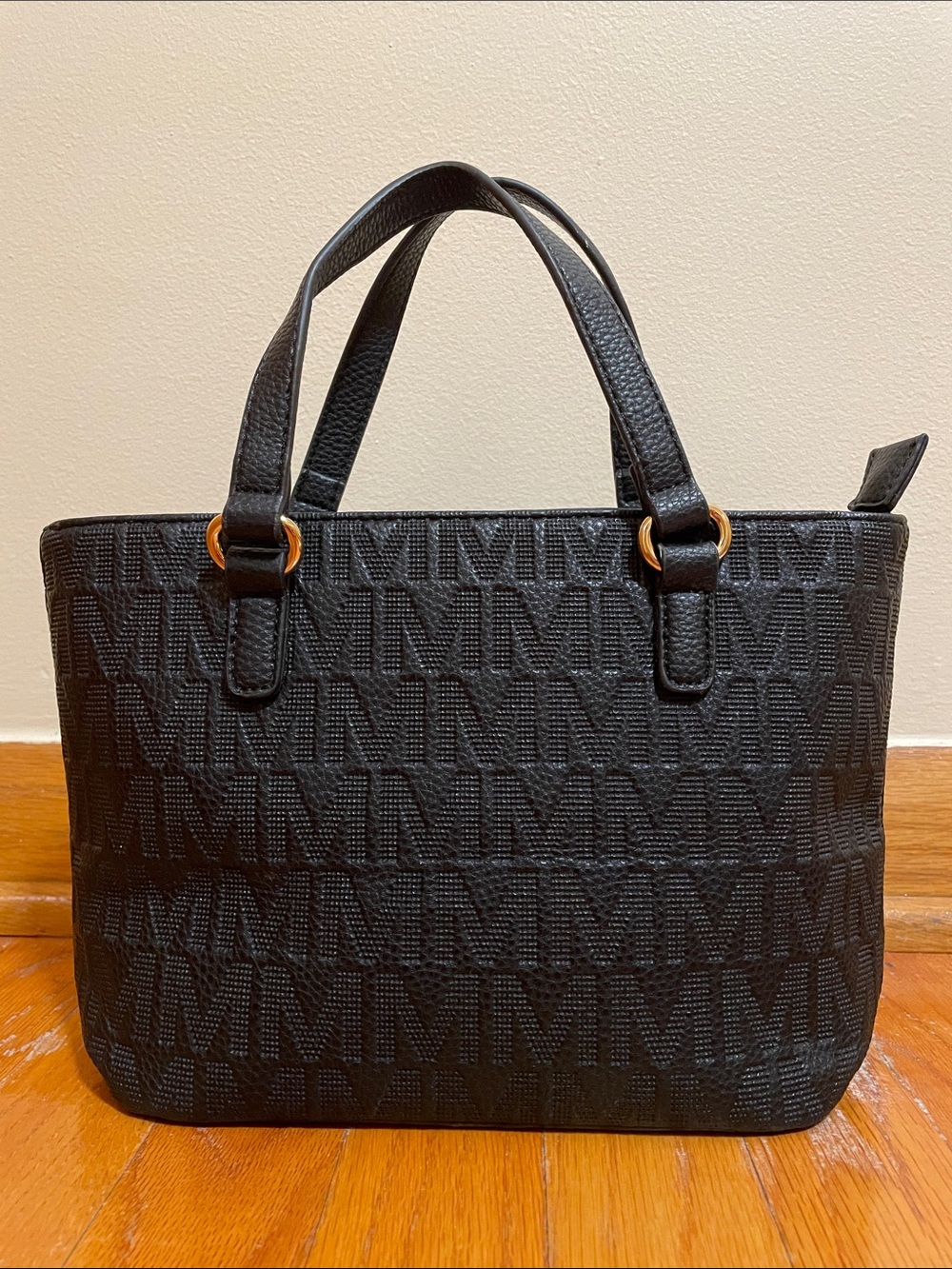 Mia K. MKF Collection tote bag textured monogrammed "M" pattern black
